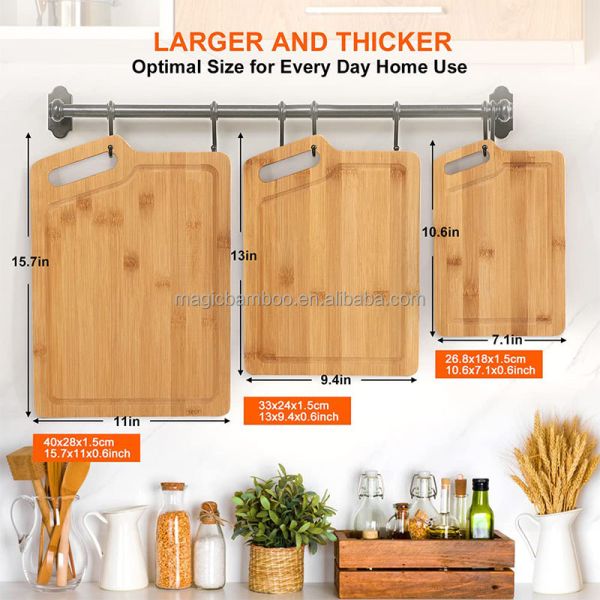 Bamboo Cutting Board Set with Juice Groove L 40*28*1.5cm M 33*24*1.5cm S 27*18*1.5cm