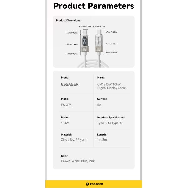 ESSAGER ES-X76 Usb To Type C Fast Charger Cable 100W 7A Android For Oneplus Huawei Oppo Vivio Samsung