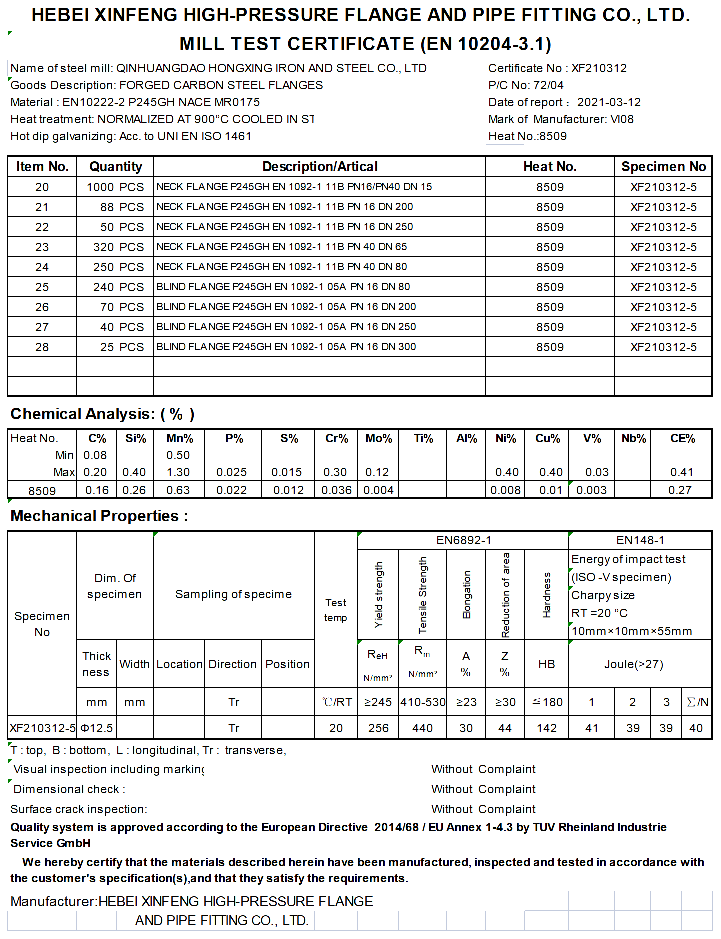 Steel Flange EN 1092-1 TYPE 01A 02A 11B 13B 05A EN10222-2 P245GH