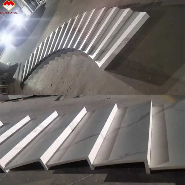 Anti-slip Groove Steps Calacatta Patterns Sintered Stone Stairs with Led Lighting