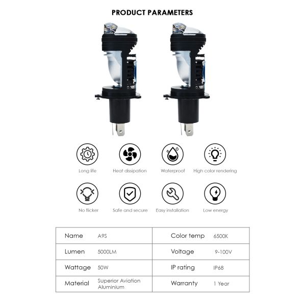A9S 100W 10000LM 6500K 3570 Chips H4 Led Projector Mini Lens