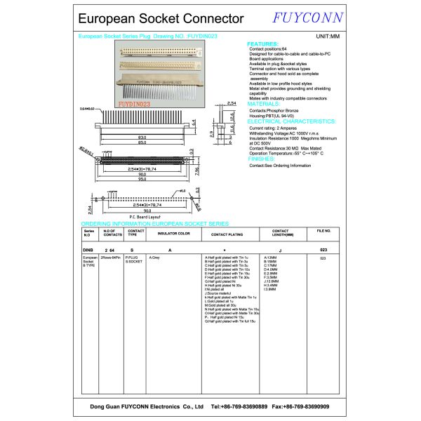 DIN Type 2 rows 64 Pin Receptacle B Type Eurocard DIN 41612 Connector, Straight PCB Connector 2.54mm pitch