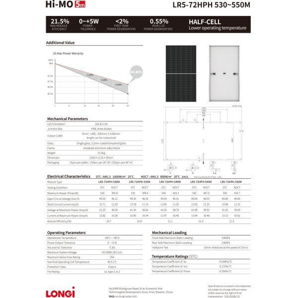 Longi Himo M10 182mm 530w 535w 540w 545w 550w Solar Panels Photovoltaic Panel