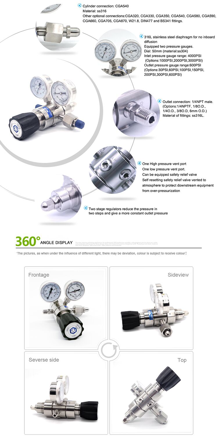Stainless Steel 316L 3000psi Nitrogen Gas Pressure Regulator 1/4" NPT