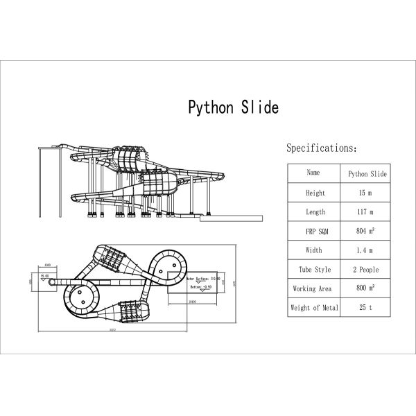 Commercial Water Park Slide with 600 m³/h Water Flow 90 Kw Power and 117m Length Fiberglass Construction