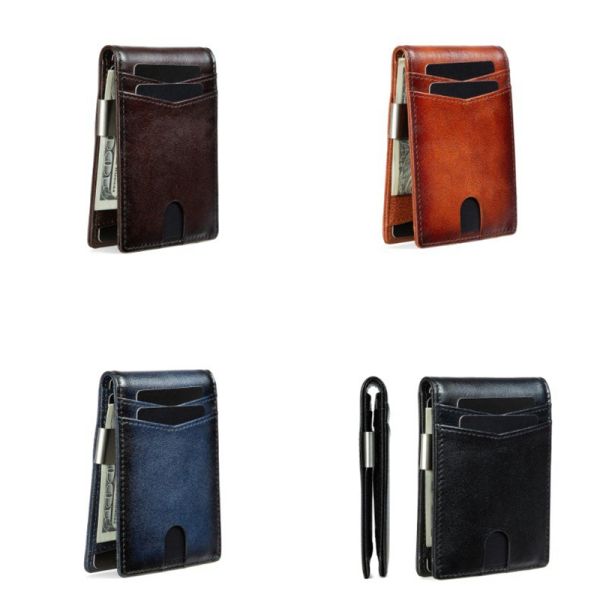 Men's Short Style RFID Card Holder Wallet with Carbon Fiber Cowhide Genuine Leather