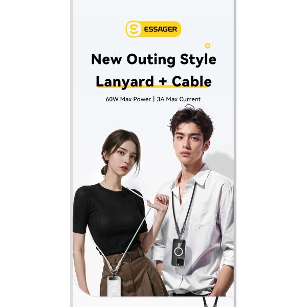 ESSAGER ES-X65 Series 60W Charging Lanyard Style USB C to USB C Cord with USB 2.0 Connector