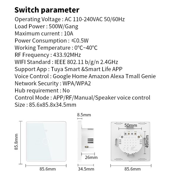 Tuya WIFI Smart Wall Touch Switch Glass Panel LED