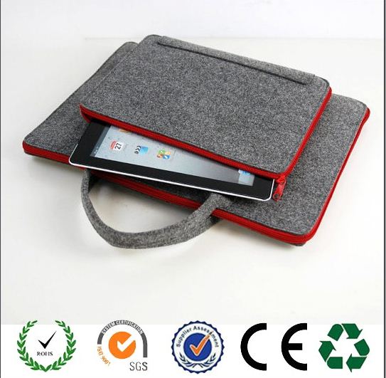 2016 latest design red zipper dark grey felt laptop bag with handles