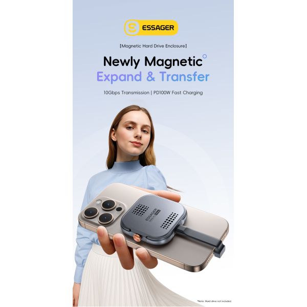 ESSAGER ES-YP01 100W 10Gbp USB 3.2 External Hard Drive Aluminum Type C Magnetic Nvme 2230 M.2 SSD HDD Enclosure