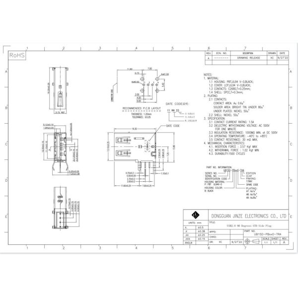 1.5AMP STD USB Connector Socket C Pin Socket A Female PBT Black 90 Degrees