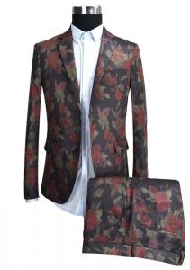 China Dk Red Printed Suits For Mens Breathable Tuxedo Formal Adults Two Buttons on sale