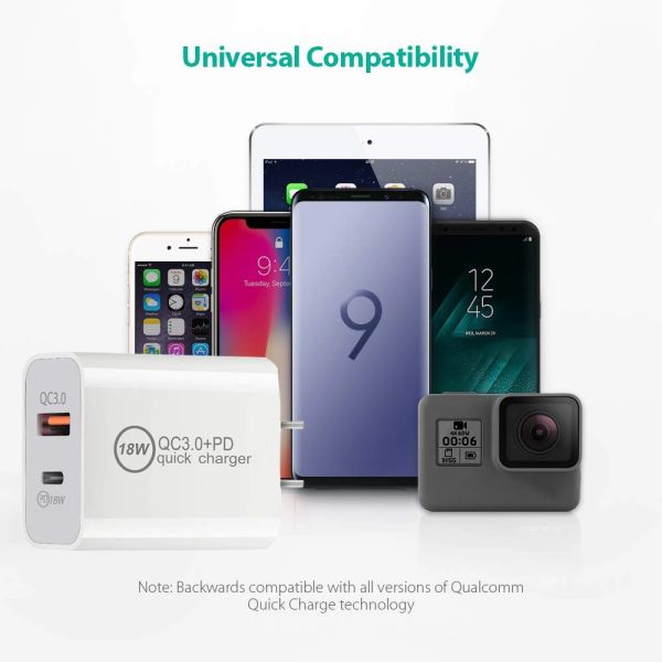 18w Type C Pd Qual Quick Charge 3.0 Fast Charger Dual Ports 20W Usb C Travel Wall Power Adapter Charger