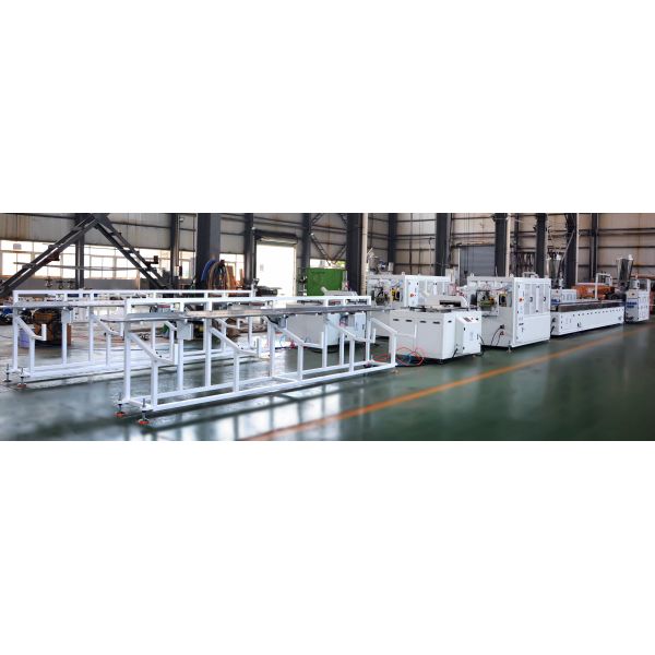 High capacity PVC WPC decking floor extrusion line with laminating film surface treatment with conic twin scerw extruders