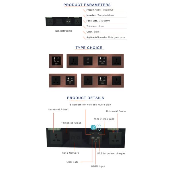 universal power multimedia aluminum hotel sockets with media hub