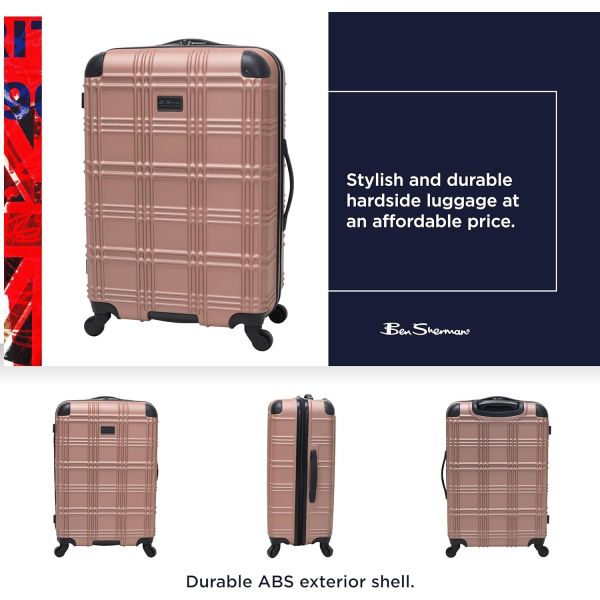 Lightweight Hardside 4-Wheel Spinner Travel Luggage, Rose Gold, 24-Inch Checked