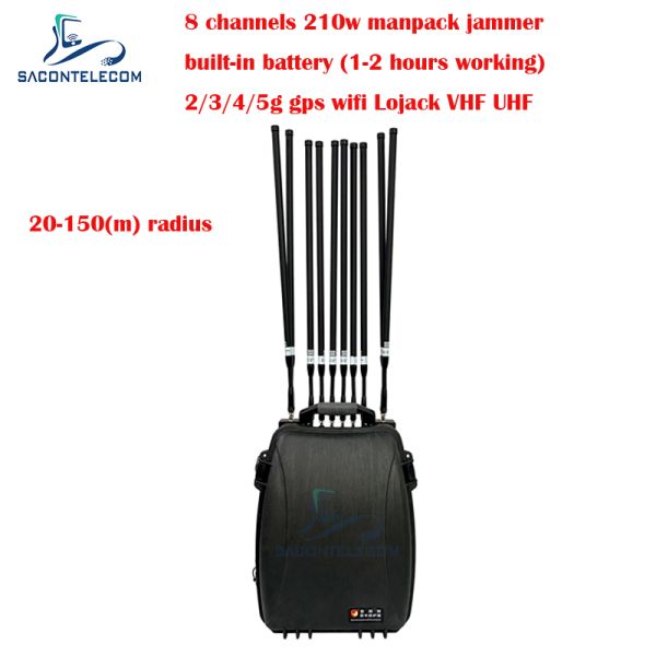 5G Wifi Lojack 150m Manpack Mobile Phone Signal Jammer 8 Channels 230w High Power