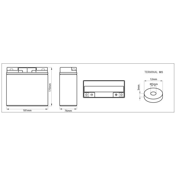 12 V 20 AH Top Terminal VRLA AGM Battery for General Purpose ， L181mm x W76mm x H170mm