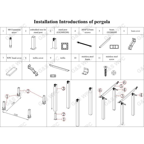 Waterproof WPC Composite Deck Pergola Wood Plastic Composite Modern Redwood Pergola