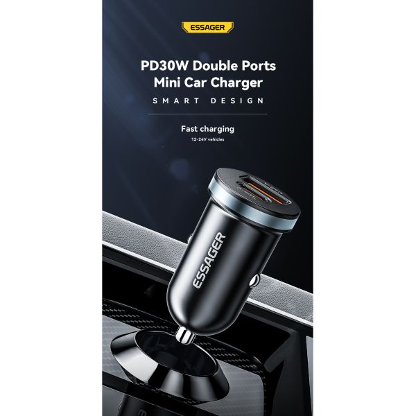 ESSAGER ES-CC12 30W Type C USB A Phone Car Charger Fast Charging QC3.0 PD3.0