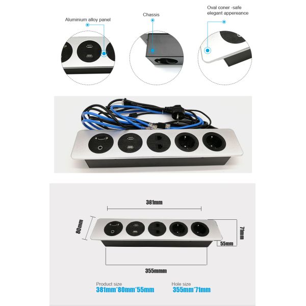 OEM Inset Desktop Socket Strip Plug Wire Grommet Brushed Copper