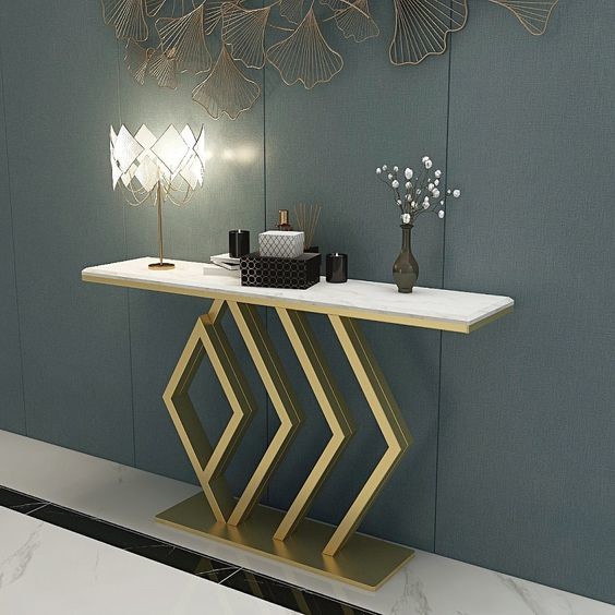 White Rectangular Stylish Tea Table Luxury Arrow Console In Gold 150X45X80