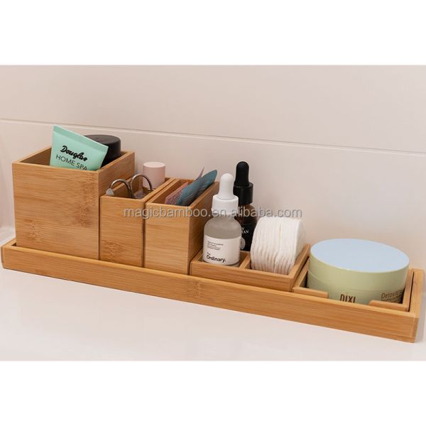 Efficiently Organize Your Bathroom with 6-Piece Bamboo Vanity Tray Set 38x10.5x10.1cm