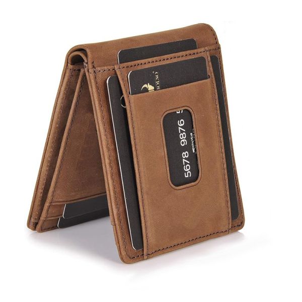 Men's Short Style RFID Card Holder Wallet with Carbon Fiber Cowhide Genuine Leather