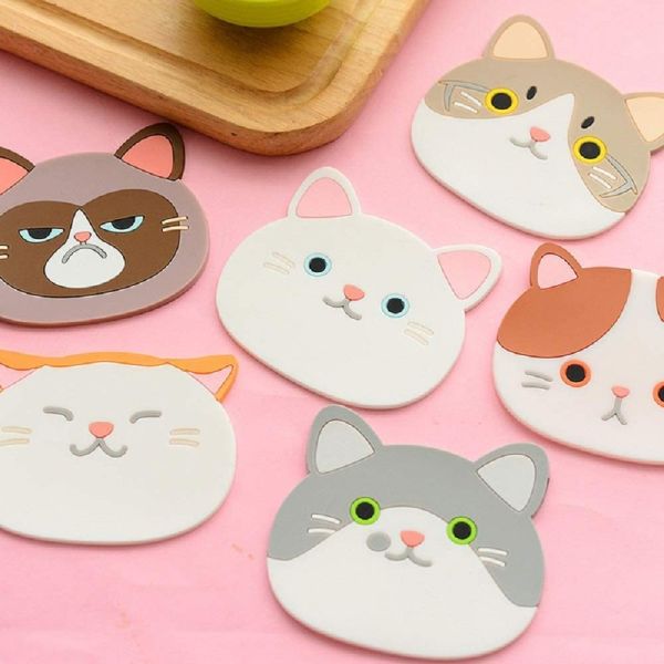Minglu CM-005Cute Cartoon Cat Cup Coasters Mats Silicone Rubber Coaster for Wine, Glass, Tea, Housewarming Beverage, Drink, Beer