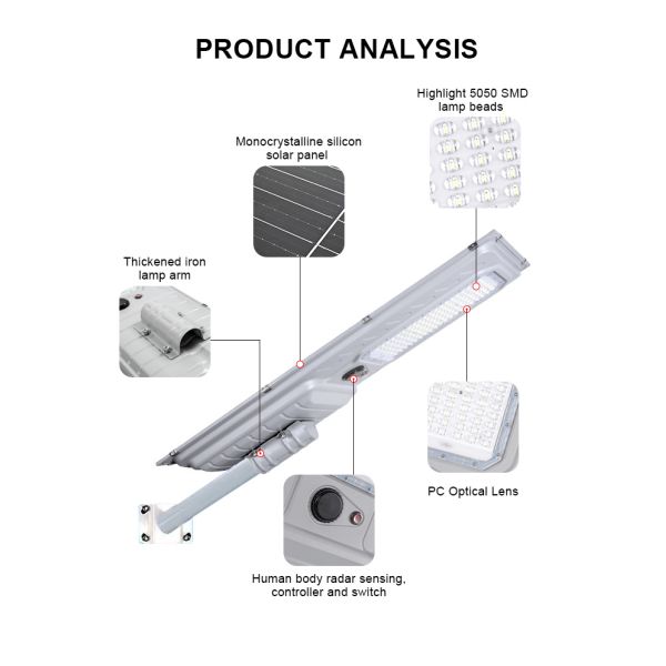 All In One Solar Street Light with Monocrystalline Solar Panel LiFePO4 Battery and 2-Year Warranty