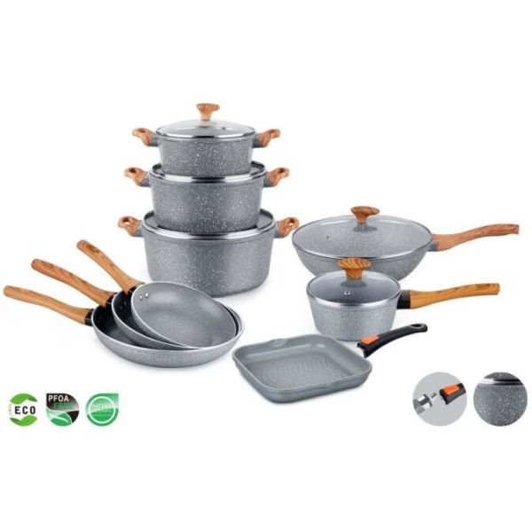 Die casting stone marble coating cookware set with with wooden handle