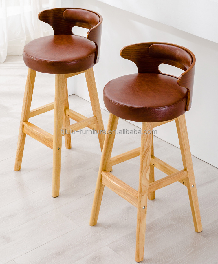 Modern Design Natural Color Detachable High Back Solid Wood Bar Stool for Pub