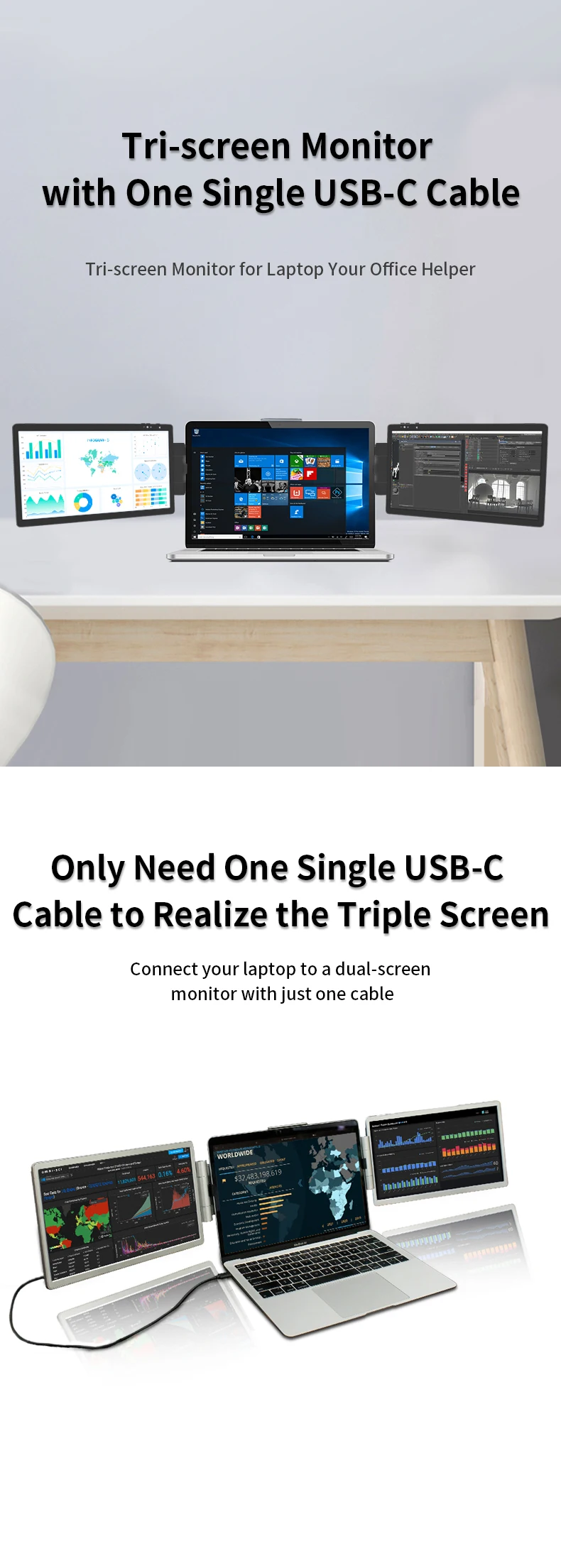 13.3" Dual Monitor Triple Screen Laptop Extender FHD 1080P For 13"-17" Laptops