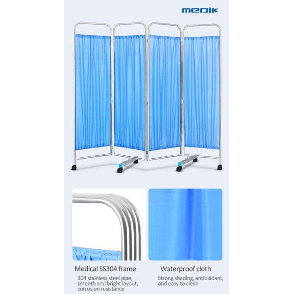 Medical Folding Stainless Steel 4- Part Ward Screen For Hospital