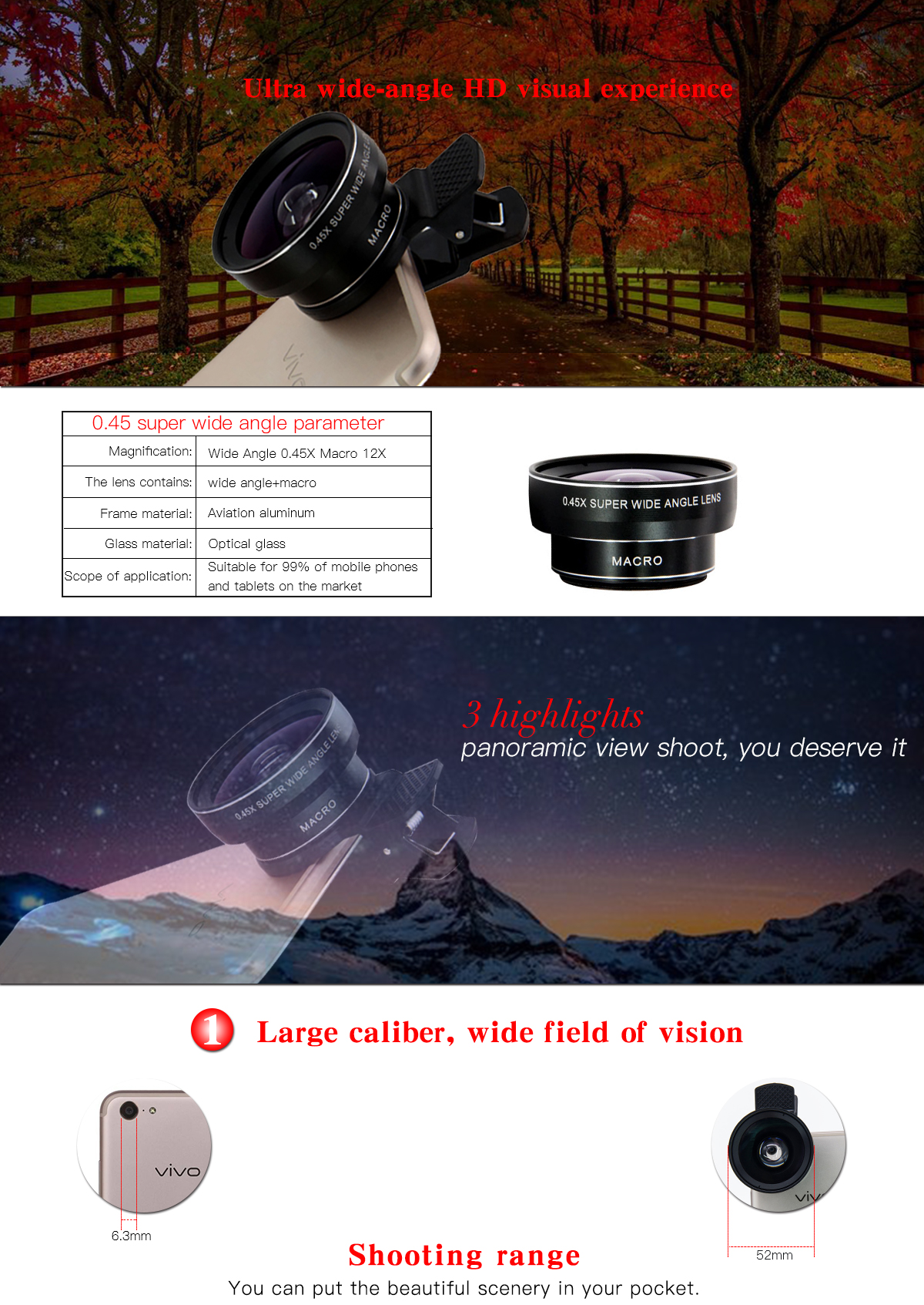 0.45X Wide Angle DSLR Camera Lens , Phone Photography Camera Telephoto Lens