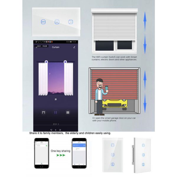 US Standard WiFi Curtain Switch for Electric Motorized Curtain Blind Roller Shutter, Google Home, Alexa Voice Control